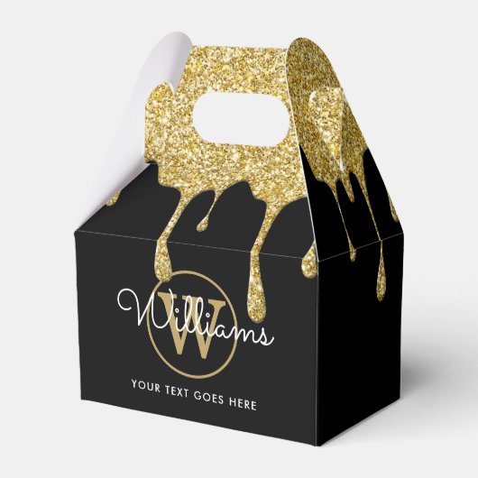 Gouden Glitter Druppels Script Naam Monogram Zwart Bedankdoosjes (Voorkant Zijde)