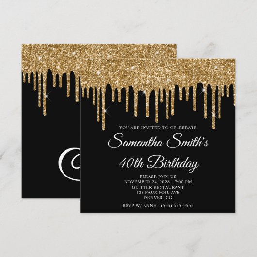 Gouden glitter druppels zwart 40e verjaardag kaart (Voorkant / Achterkant)