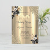 Gouden glitter druppels zwarte Rozen 100e verjaard Kaart (Staand voorkant)