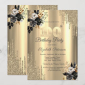 Gouden glitter druppels zwarte Rozen 100e verjaard Kaart (Voorkant / Achterkant)