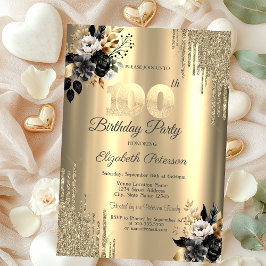 Gouden glitter druppels zwarte Rozen 100e verjaard Kaart