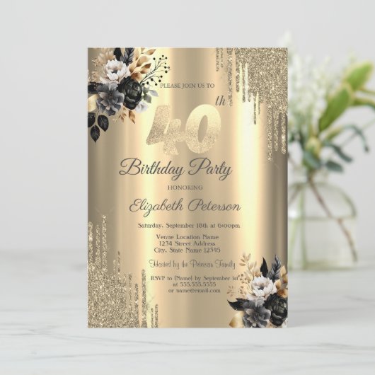 Gouden glitter druppels zwarte Rozen 40e verjaarda Kaart (Staand voorkant)