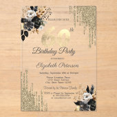 Gouden glitter druppels zwarte Rozen 60e verjaarda Acryl Uitnodigingen (Voorkant)