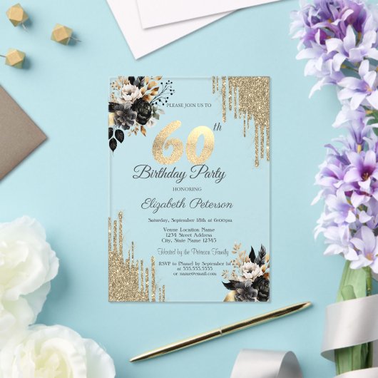 Gouden glitter druppels zwarte Rozen 60e verjaarda Acryl Uitnodigingen (Insitu (Huwelijk))