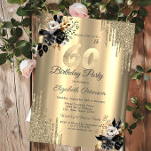 Gouden glitter druppels zwarte Rozen 60e verjaarda Kaart