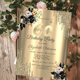 Gouden glitter druppels zwarte Rozen 60e verjaarda Kaart