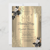 Gouden glitter druppels zwarte Rozen 80ste verjaar Kaart (Voorkant)