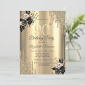 Gouden glitter druppels zwarte Rozen 90ste verjaar Kaart (Staand voorkant)