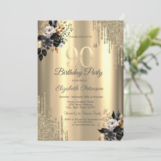 Gouden glitter druppels zwarte Rozen 90ste verjaar Kaart (Staand voorkant)