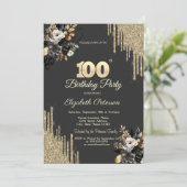 Gouden Glitter Druppels Zwarte Rozen Donker 100ste Kaart (Staand voorkant)