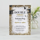 Gouden Glitter Dubbel Afstuderen Twee Foto Afgestu Kaart (Staand voorkant)