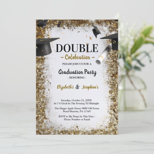 Gouden Glitter Dubbel Afstuderen Twee Foto Afgestu Kaart (Staand voorkant)