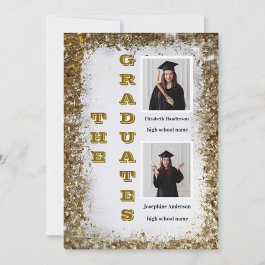 Gouden Glitter Dubbel Afstuderen Twee Foto Afgestu Kaart (Achterkant)