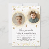 Gouden Glitter Dubbele Verjaardag Kinder Fotouitno Kaart (Voorkant)