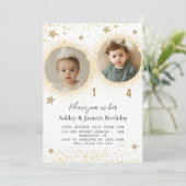 Gouden Glitter Dubbele Verjaardag Kinder Fotouitno Kaart (Staand voorkant)