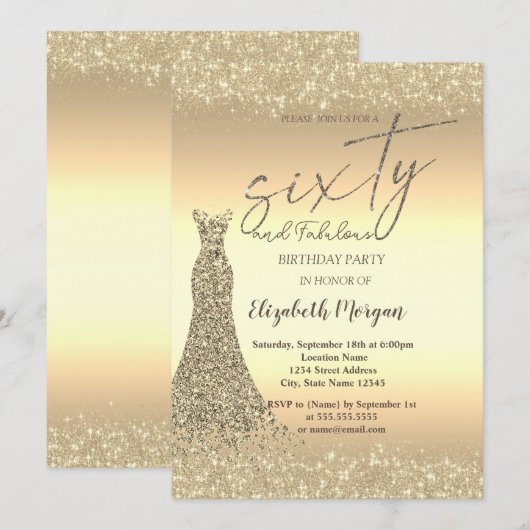 Gouden Glitter Dust Border Dress 60e Verjaardag Kaart (Voorkant / Achterkant)