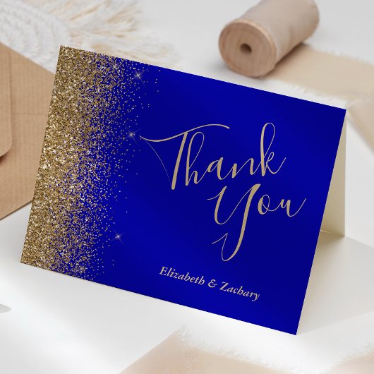 Gouden Glitter Edge Royal Blue bruiloft dank u Kaart