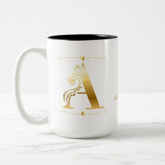 Gouden Glitter Een Monogram Aangepaste Tekst en Af Tweekleurige Koffiemok (Links)
