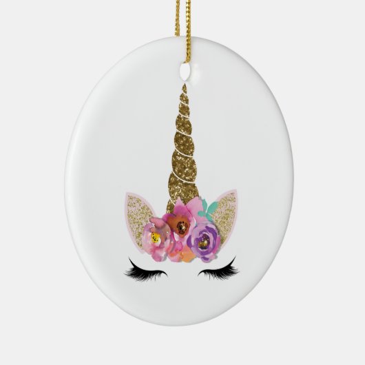 Gouden Glitter Eenhoorn Bloemen Gepersonaliseerd Keramisch Ornament (Rechts)