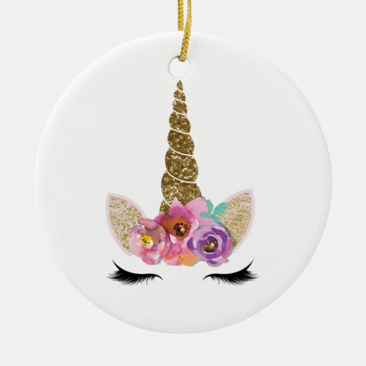 Gouden Glitter Eenhoorn Bloemen Gepersonaliseerd Keramisch Ornament (Voorkant)