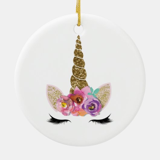 Gouden Glitter Eenhoorn Bloemen Gepersonaliseerd Keramisch Ornament (Achterkant)