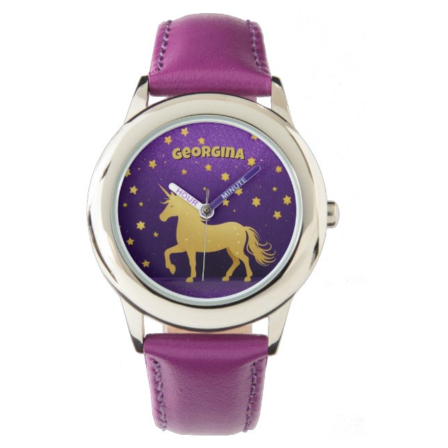 Gouden Glitter Eenhoorn Gepersonaliseerd Horloge (Voorkant)