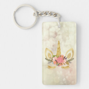 Gouden Glitter Eenhoorn Gezicht, Bokeh Sleutelhanger