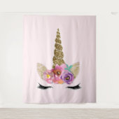 Gouden Glitter Eenhoorn Hoorn Bloemend Modieus Wandkleed (Voorkant)