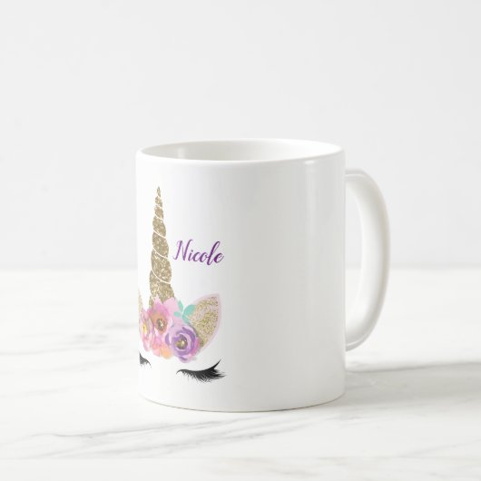 Gouden Glitter Eenhoorn Hoorn Meisjes Glam geperso Koffiemok (Voorkant rechts)