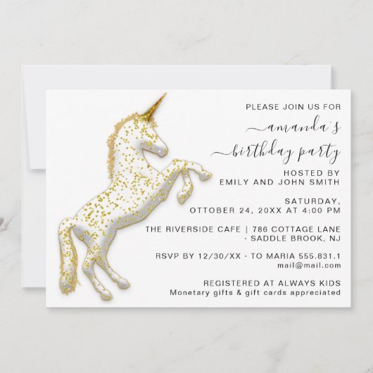 Gouden Glitter Eenhoorn Paard Wit Verjaardag Kaart (Voorkant)