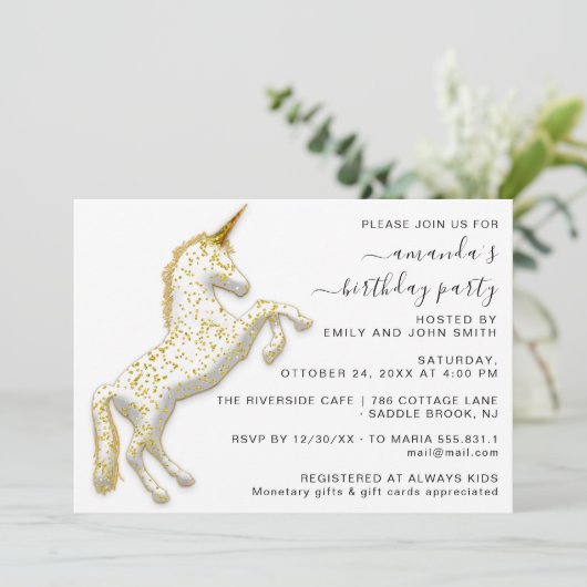 Gouden Glitter Eenhoorn Paard Wit Verjaardag Kaart (Staand voorkant)