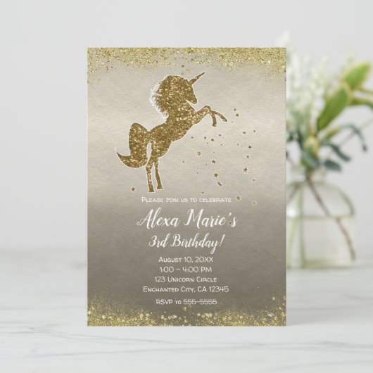 Gouden Glitter Eenhoorn Sterren Glam Verjaardagsfe Kaart (Staand voorkant)