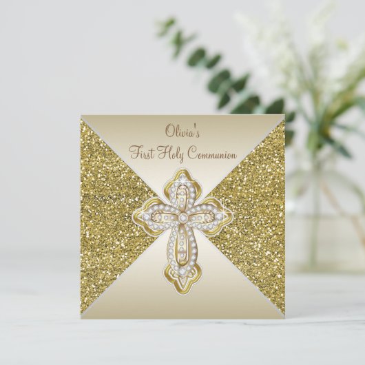 Gouden Glitter Eerste Communie Kaart (Staand voorkant)