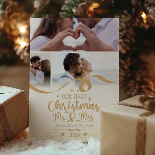 Gouden Glitter Eerste Kerstmis 6 Foto Feestdagenkaart