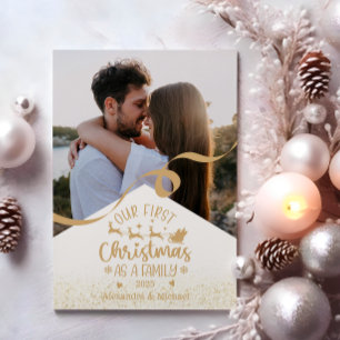 Gouden Glitter Eerste Kerstmis als een Familiefoto Feestdagenkaart