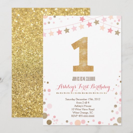 Gouden Glitter Eerste Verjaardag Uitnodiging (Voorkant / Achterkant)