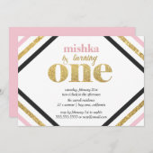 Gouden Glitter Eerste Verjaardag Uitnodiging (Voorkant / Achterkant)