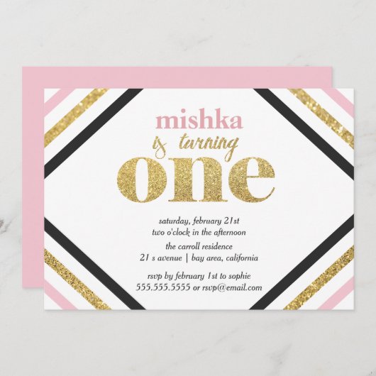 Gouden Glitter Eerste Verjaardag Uitnodiging (Voorkant / Achterkant)