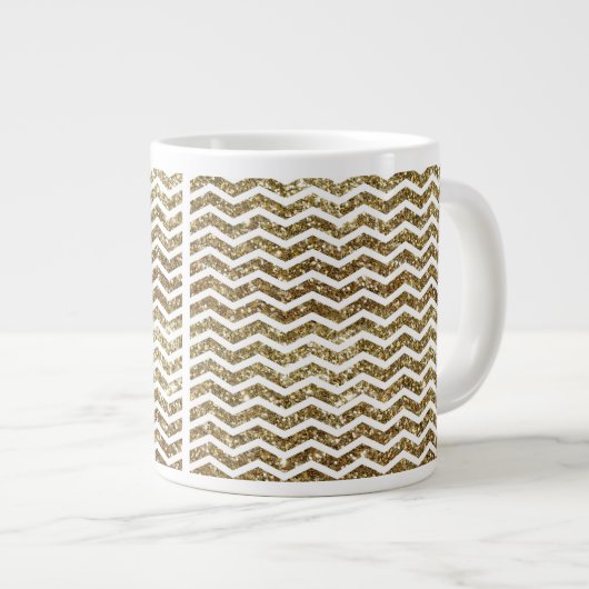 Gouden Glitter Effect Elegante Chevron Zig-Zag Grote Koffiekop (Voorkant rechts)