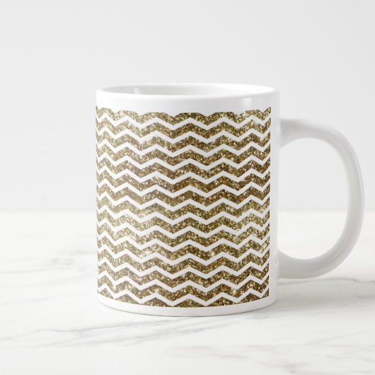 Gouden Glitter Effect Elegante Chevron Zig-Zag Grote Koffiekop (Rechts)