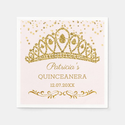 Gouden glitter effect tiara, confetti Quinceanera Servet (Voorkant)