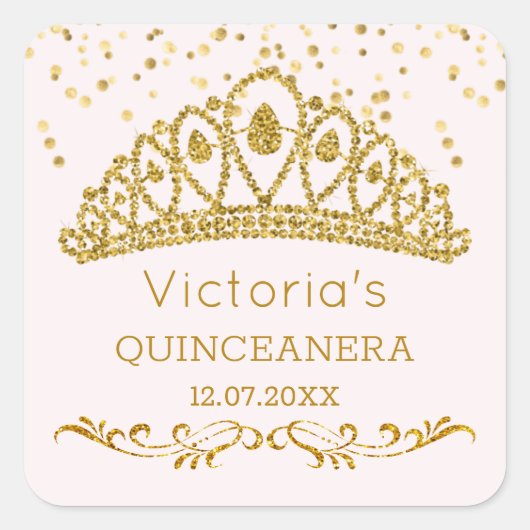 Gouden glitter effect tiara, confetti Quinceanera Vierkante Sticker (Voorkant)