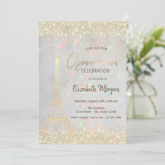 Gouden Glitter Eiffeltoren Confetti Opal Quinceañe Kaart (Staand voorkant)