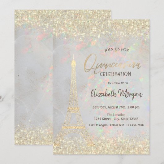 Gouden Glitter Eiffeltoren Confetti Opal Quinceañe Kaart (Voorkant / Achterkant)