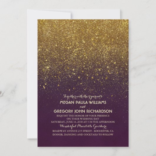  gouden glitter elegante pruimenbruiloft kaart (Voorkant)
