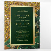 Gouden Glitter Emerald Groen Marmer Foto Bruiloft Drieluik Uitnodiging (Binnenzijde eerst)