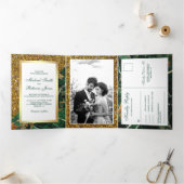 Gouden Glitter Emerald Groen Marmer Foto Bruiloft Drieluik Uitnodiging (Binnen)
