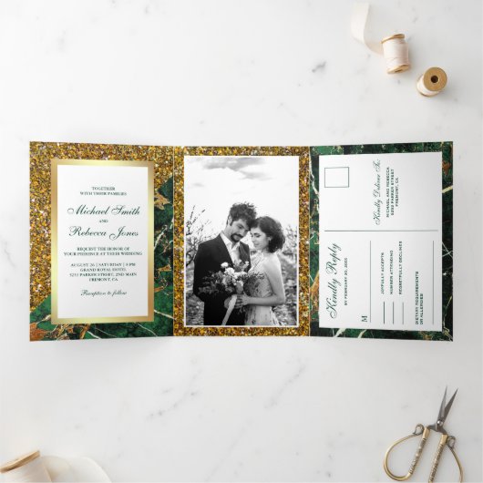 Gouden Glitter Emerald Groen Marmer Foto Bruiloft Drieluik Uitnodiging (Binnen)