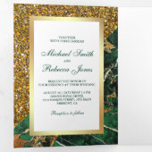 Gouden Glitter Emerald Groen Marmer Foto Bruiloft Drieluik Uitnodiging (Binnenzijde eerst)