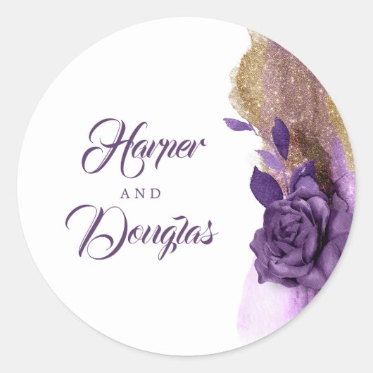Gouden Glitter en Aubergine Paarse bruiloft Ronde Sticker (Voorkant)